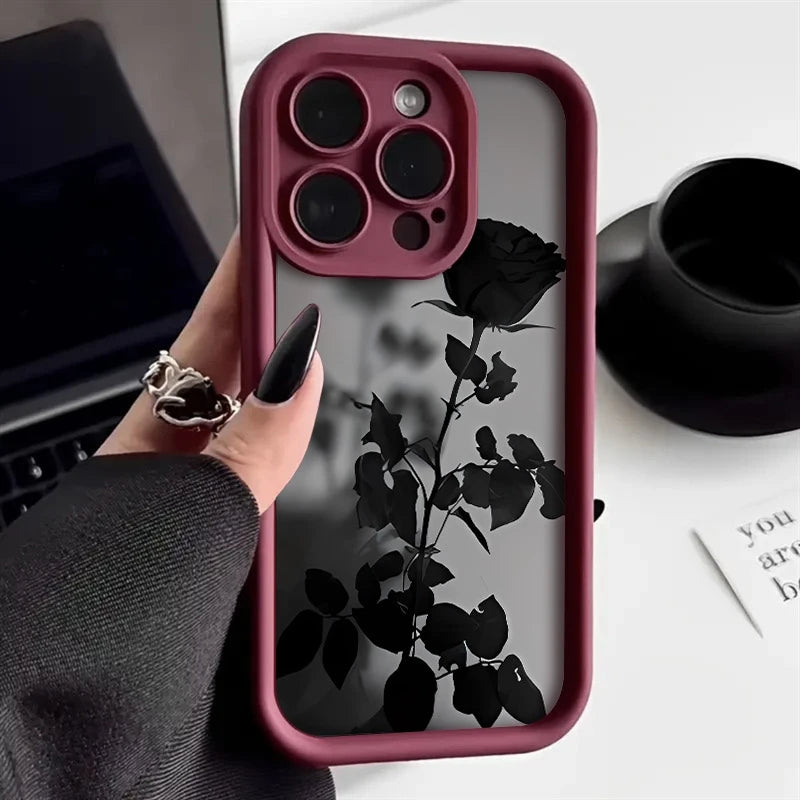 Minimalist Black Rose Pattern Phone Case For iPhone 17 16 15 14 Pro Max 13 12 11 XS X XR 8 Plus 16e 17 Air Shockproof Soft Cover