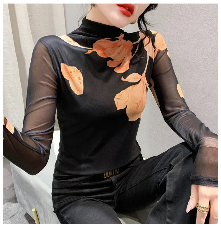 High Neck Long Sleeved Mesh Positioning Printed T-shirt Women Autumn Stretch Slim T Shirts Tops Female Base Tees HF8779