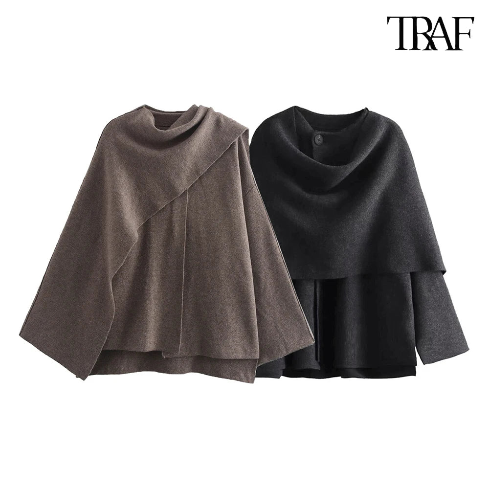 TRAF Women's Fashion Fall and Winter Comfortable Casual Commuter Coat Knitted Loose Warm Coat Asymmetric Elegant Split Jacket