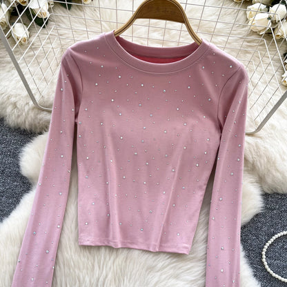 Long Sleeves Hotsweet O-neck Fashion Rhinestone Slim Top French Streetwear Sexy High Street Autumn Winter Women T-Shirts