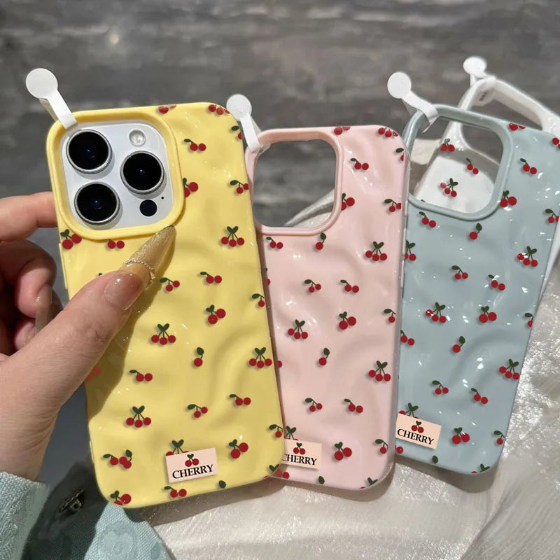 Cute Cherry Folds Texture Phone Case For iPhone 17 16 15 14 13 12 11 Pro Max 16 15 Plus Candy Color Shockproof Soft Back Cover