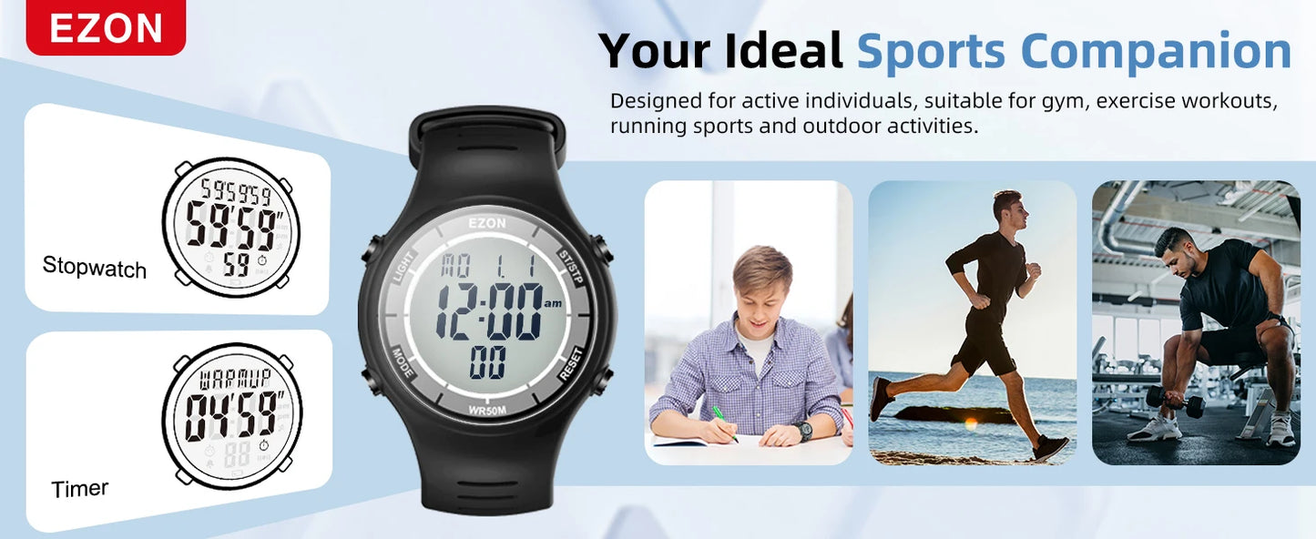 EZON Digital Sports Watch L008D, Waterproof Sports watch with Interval Timer/Chronograph/Lap Timing/Alarm for Men and Women