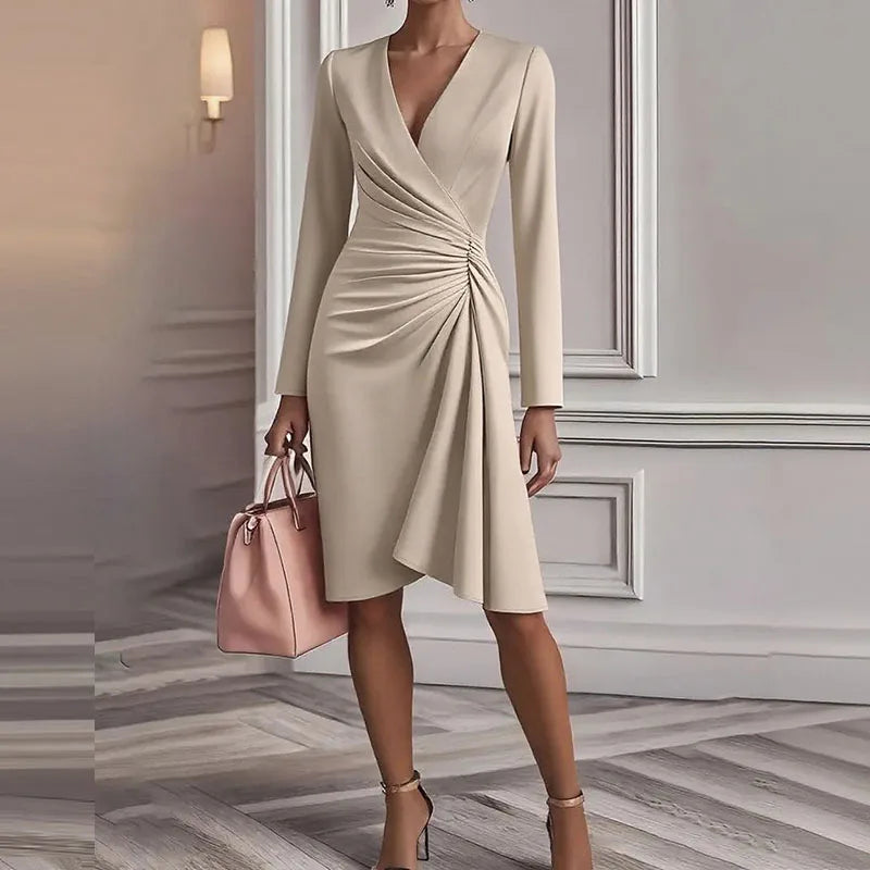 Sexy V-neck Long Sleeve Pleated Dress Elegant Temperament Slim Banquet Dress Autumn New High Waist Commute Midi Dress for Women