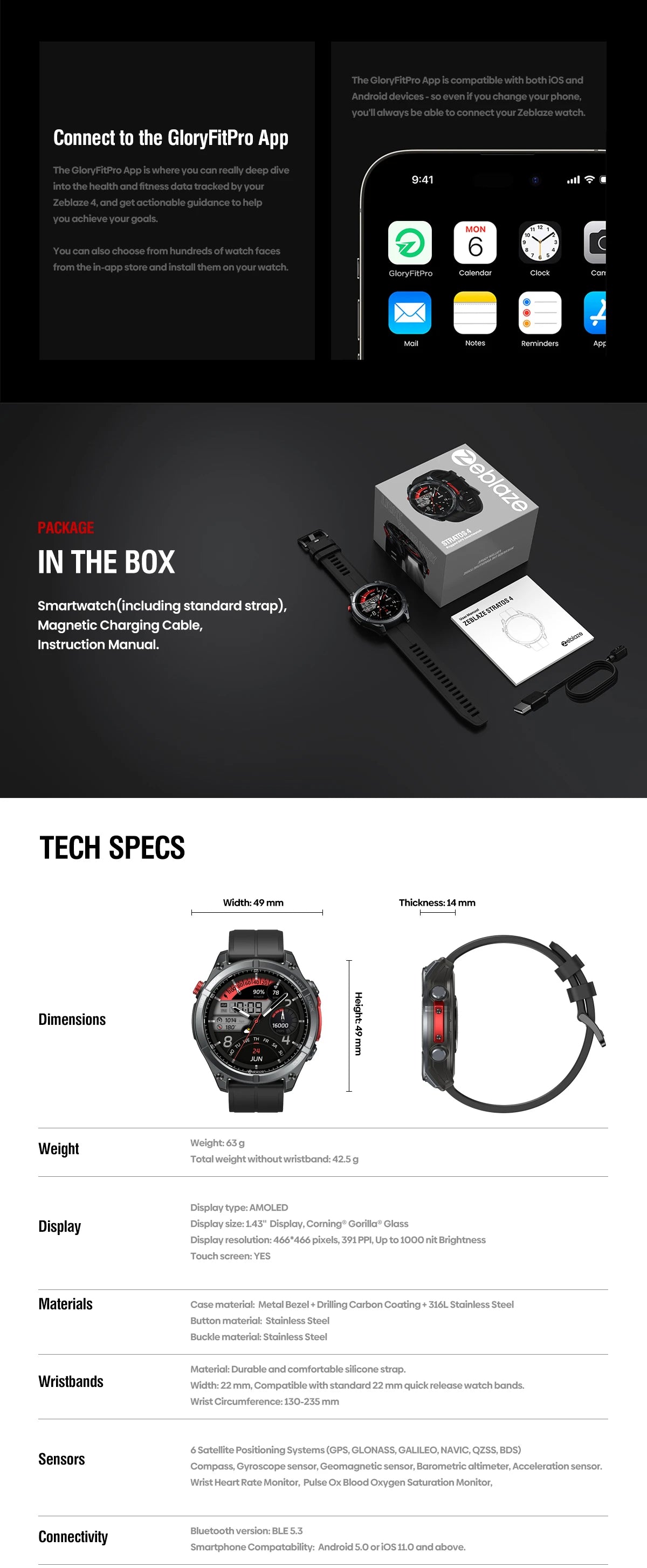 Zeblaze Stratos 4 GPS Smartwatch 1.43" AMOLED Screen Compass Barometric Altimeter Flashlight Voice Calling Smart Watch