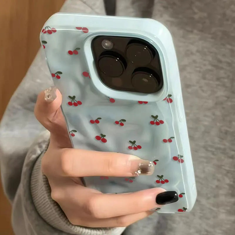 Cute Cherry Folds Texture Phone Case For iPhone 17 16 15 14 13 12 11 Pro Max 16 15 Plus Candy Color Shockproof Soft Back Cover