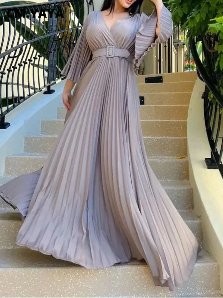 V-neck Flare Sleeve Big Swing Floor Length Maxi Long Dresses  Women Autumn Winter Party Prom Dress