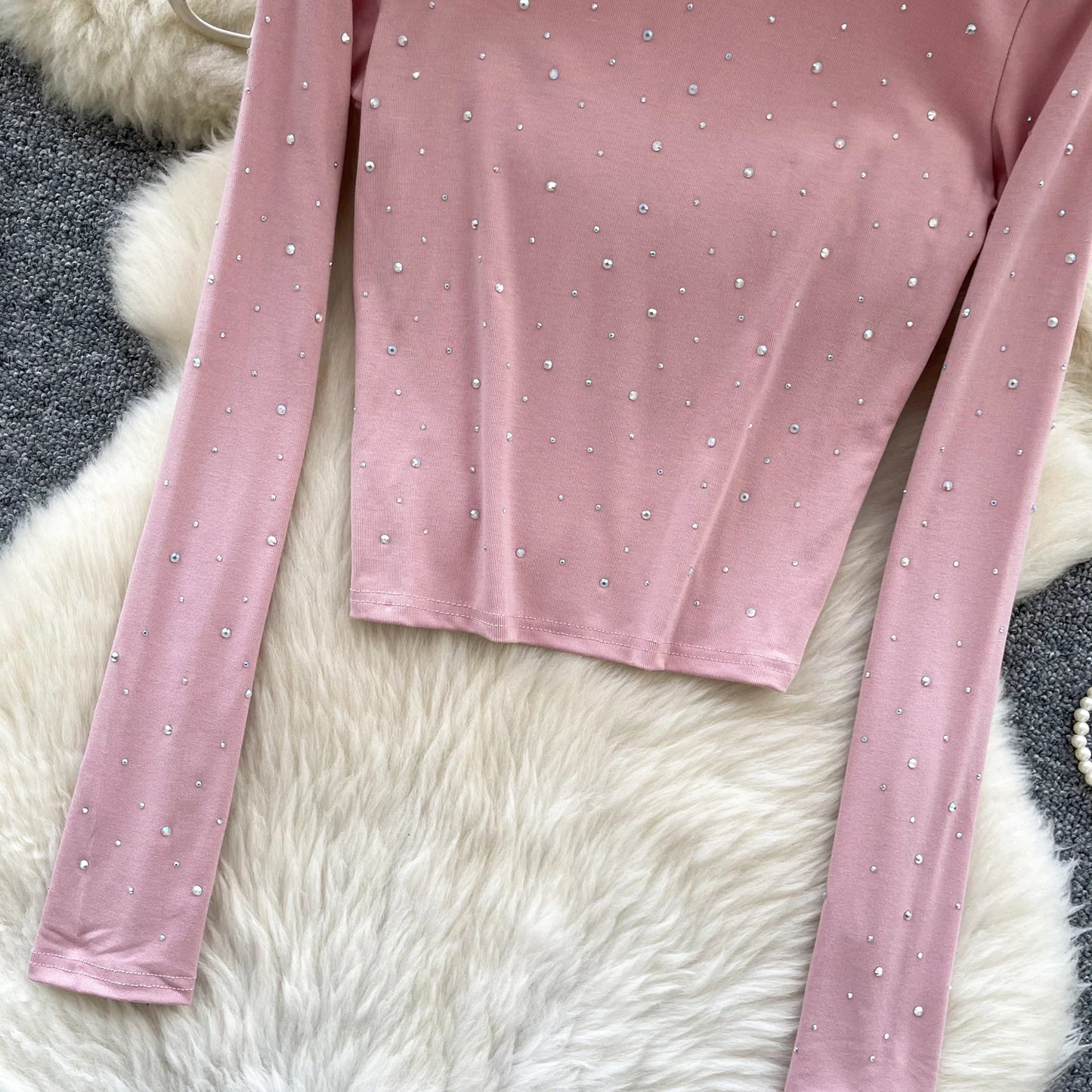 Long Sleeves Hotsweet O-neck Fashion Rhinestone Slim Top French Streetwear Sexy High Street Autumn Winter Women T-Shirts