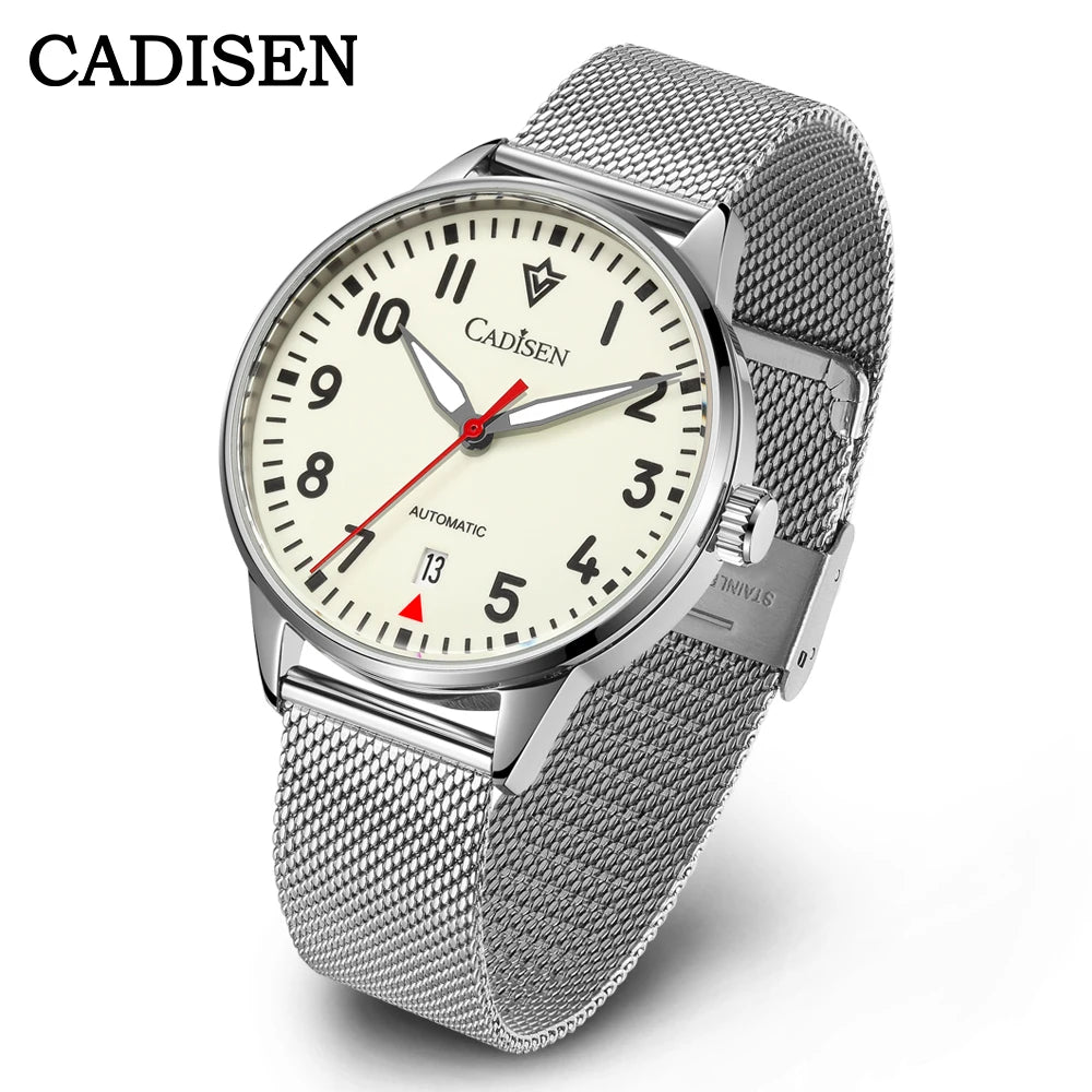 CADISEN Automatic Watch Men Luminous Stainless Steel Self-Wind Wristwatch NH35A Sapphire Waterproof Mesh Belt Mechanical Watch