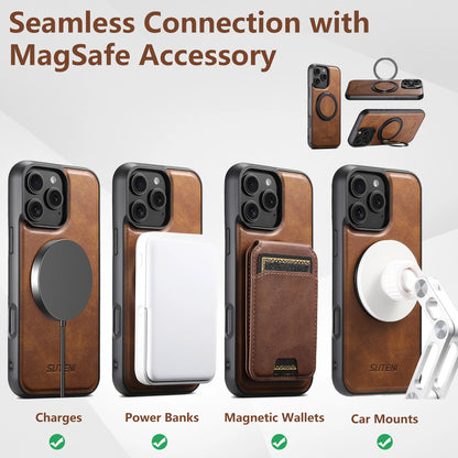 Strong Magnetic Compatible MagSafe Wireless Charging 360° Rotating Ring Stand PU Leather Phone Case For iPhone 17 16 15 14 13 12