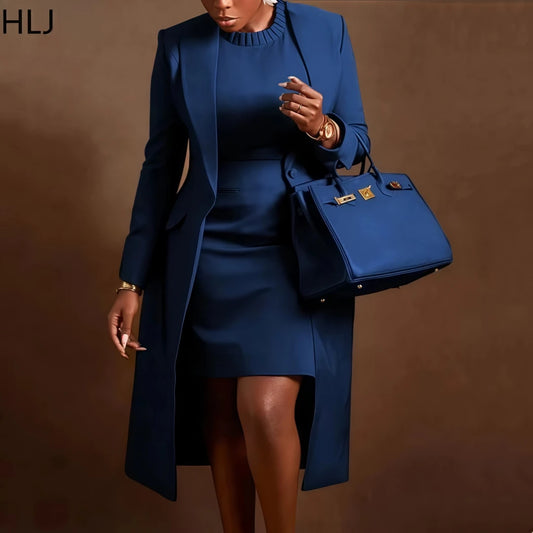 Elegant Office Lady Blazer Two Piece Sets Women Lapel Long Sleeve Coat And Slim Dress Outfit Female Clothing