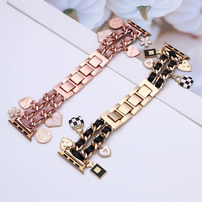 Stylish Metal Charms Watch Strap Compatible with Apple Watch Bands 38/40/41/42/44/45/49mm Replacement Strap with Unique Pendants