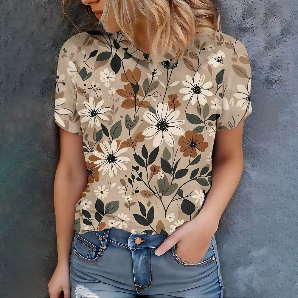 Elegant and artistic light coffee base floral print daily women's summer casual fashion short sleeved T-shirt