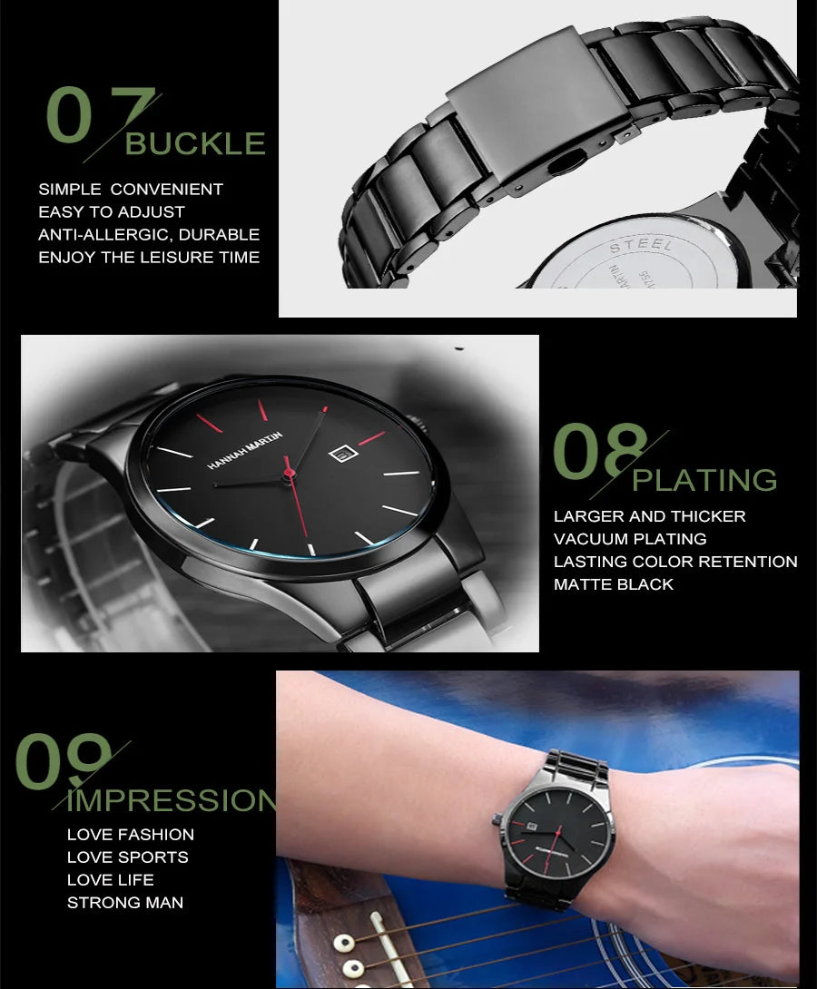 Hannah Martin Men's Stainless Steel Watch Fashion Business Style Black Minimalist Style 3Bar Waterproof Quartz Movement Watches