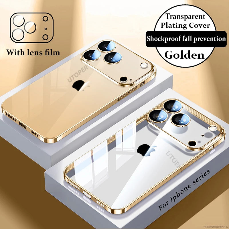 Plating Transparent with Lens Film Case for iPhone 17 Air 17 16 15 14 13 12 11 Pro Max Plus Anti-fall Damping Cover