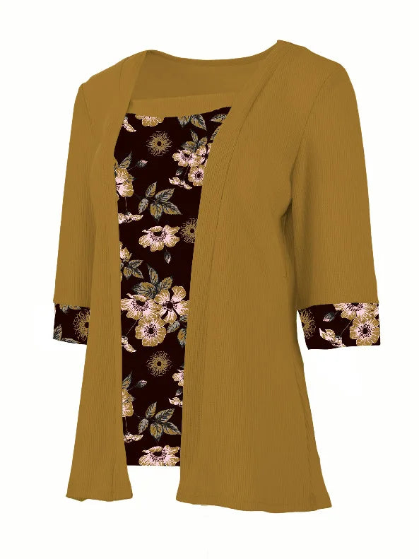 European,Clothes,Elastic,T-Shirt,Women,Chic,Sexy,Fake two pieces,Patchwork,Print,Tops,Half Sleeve,Loose,Tees,