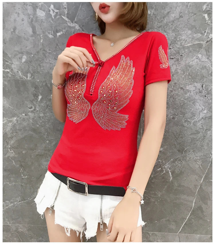 T-shirt For Summer Short Sleeve Pulovers Clothes Casual Aesthetic Cotton Tops Sexy V Neck Zipper Diamonds Tees