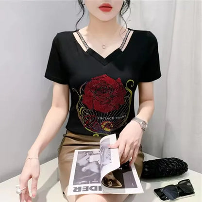 T-shirt For Summer Short Sleeve Pulovers Clothes Casual Aesthetic Cotton Tops Sexy V Neck Zipper Diamonds Tees