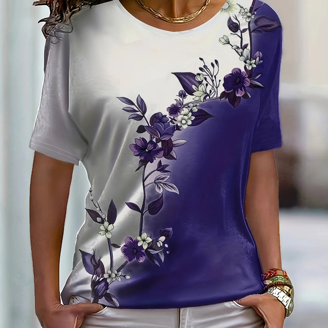 Colorful Rose Flower Print Round Neck Women's T-shirt Summer Versatile And Refreshing Y2K T-shirt