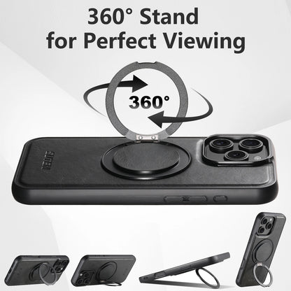 Strong Magnetic Compatible MagSafe Wireless Charging 360° Rotating Ring Stand PU Leather Phone Case For iPhone 17 16 15 14 13 12
