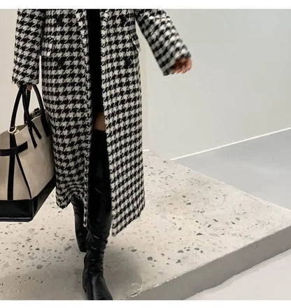 Women Autumn Winter Woolen Coat 2025 New Women Double Breasted Coat Korean Houndstooth Mid-Length Woolen Coat Lady Winter Jacket