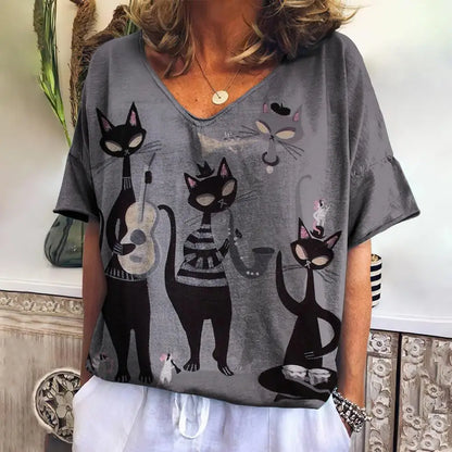 Women T Shirts Cartoon Cat Graphic Girls Clothing Large Size V Neck Short Sleeve Tee Summer Fashion Casual Female Clothing
