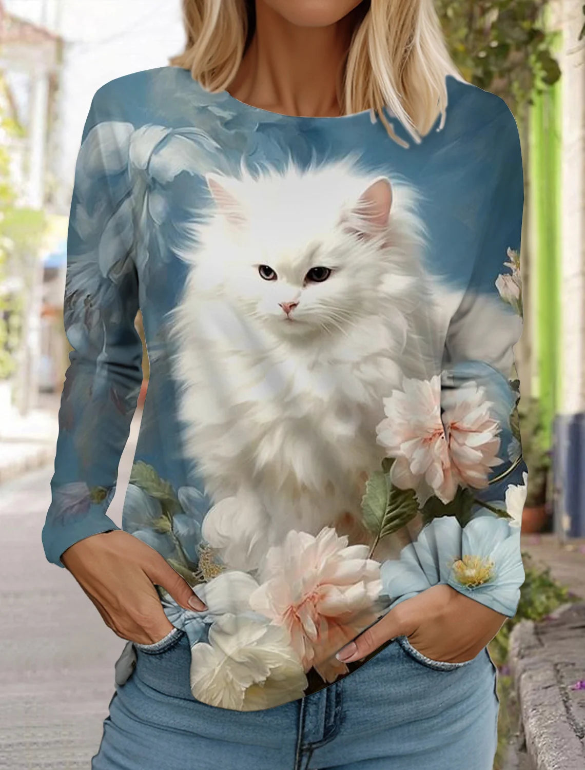 Long Sleeve 3D Printed Kitten Cute Print T-Shirt Women's Streetwear Round Neck Long Sleeve