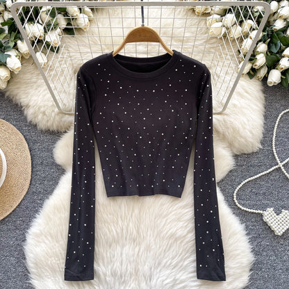 Long Sleeves Hotsweet O-neck Fashion Rhinestone Slim Top French Streetwear Sexy High Street Autumn Winter Women T-Shirts