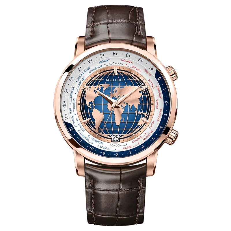 AGELOCER Original World Time Watch Men's Luxury Business Formal Automatic Mechanical Watch Birthday Gift for Men
