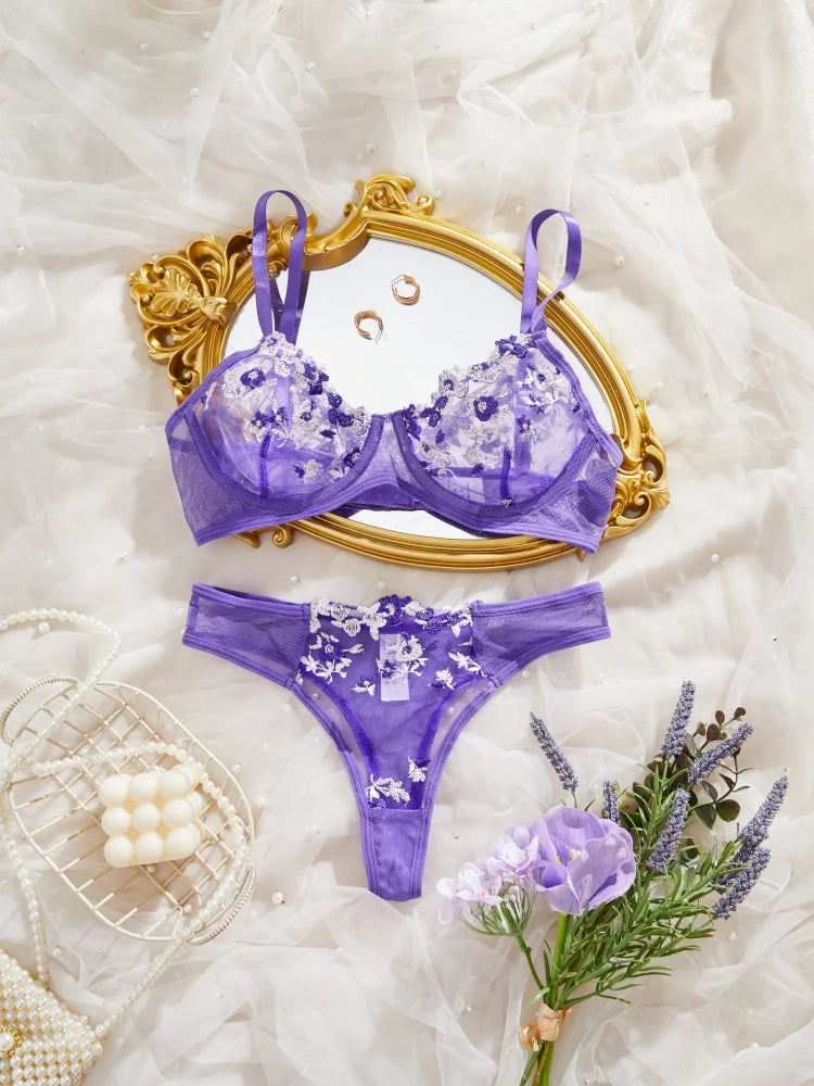 Embroidery Flower Transparent Underwear Bra Thong Set Ultra Thin Cup Large Size Perspective Wire Free Bikini Suit Women 2 Piece