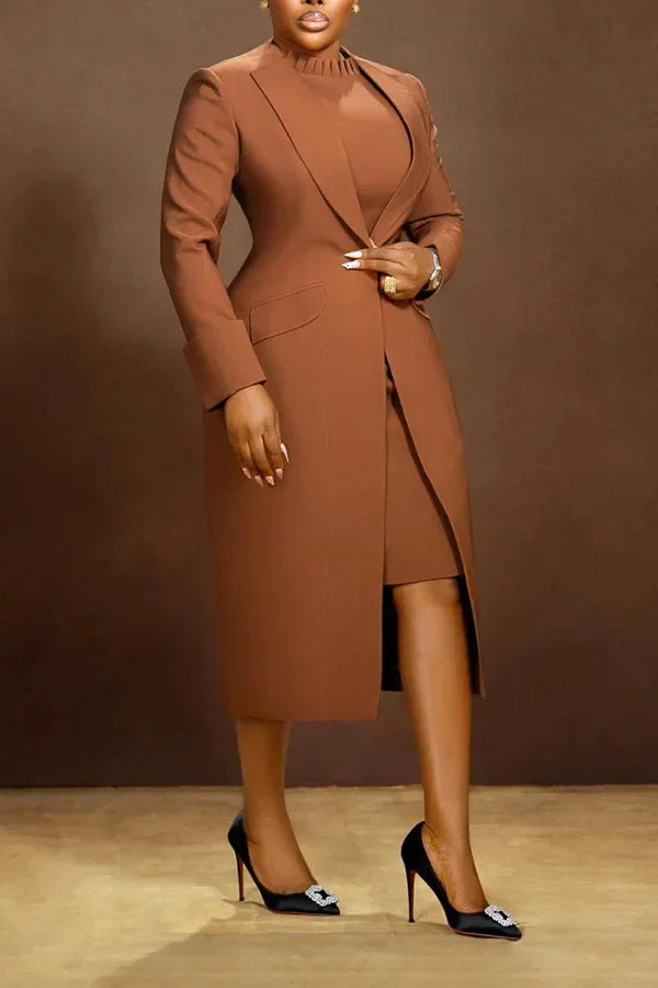 Elegant Office Lady Blazer Two Piece Sets Women Lapel Long Sleeve Coat And Slim Dress Outfit Female Clothing