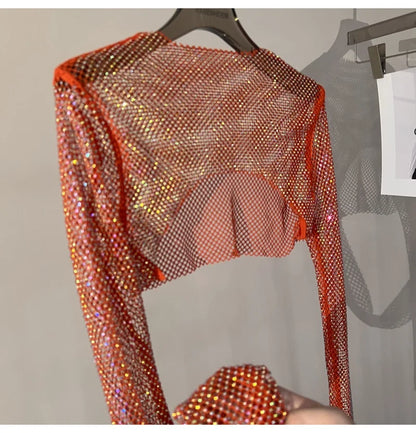 Bright diamond short top Slim thin Ms. hot drill long-sleeved T-shirt sexy leak waist nightclub