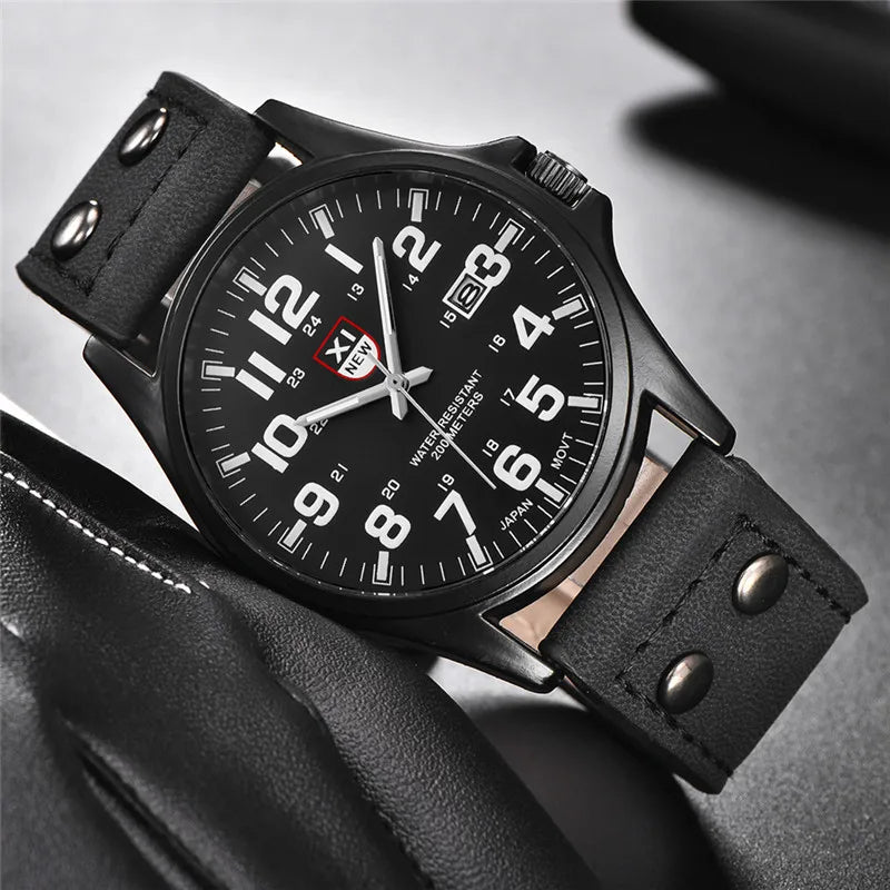 Genuine XINEW Brand Men Watches Black Students Fashion Leather Band Sports Date Quartz Wrist Watch Montre Homme Reloj Hombre