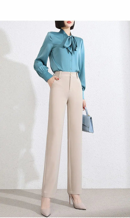 Office Lady Fashion Solid Loose Straight Pants All-match Button Zipper Women Spring Autumn High Waist Pockets Pencil Trousers