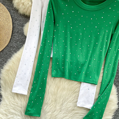 Long Sleeves Hotsweet O-neck Fashion Rhinestone Slim Top French Streetwear Sexy High Street Autumn Winter Women T-Shirts