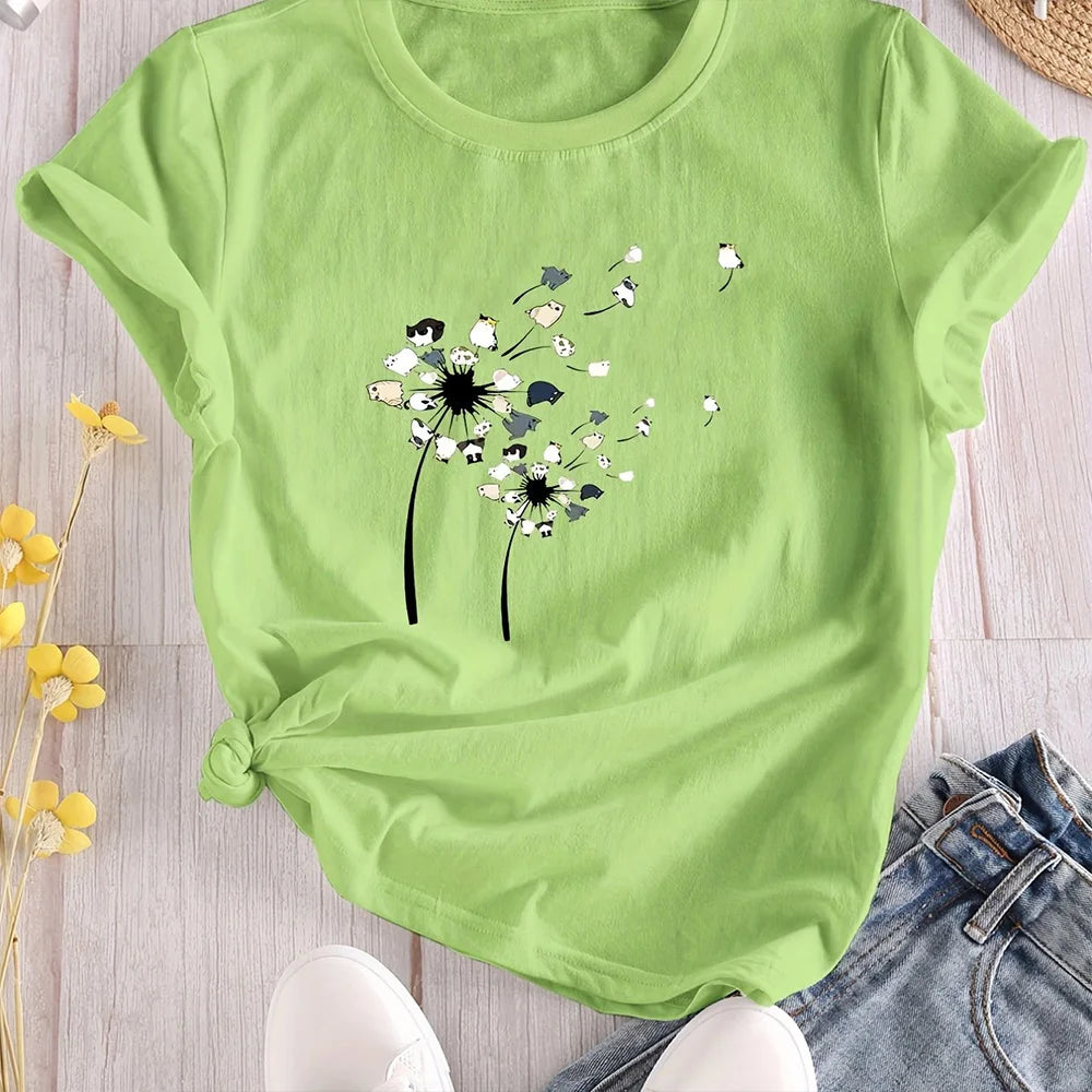 T-shirt Summer Fashion Short sleeved Top Flower Print Loose Clothing Women's Party T-shirt