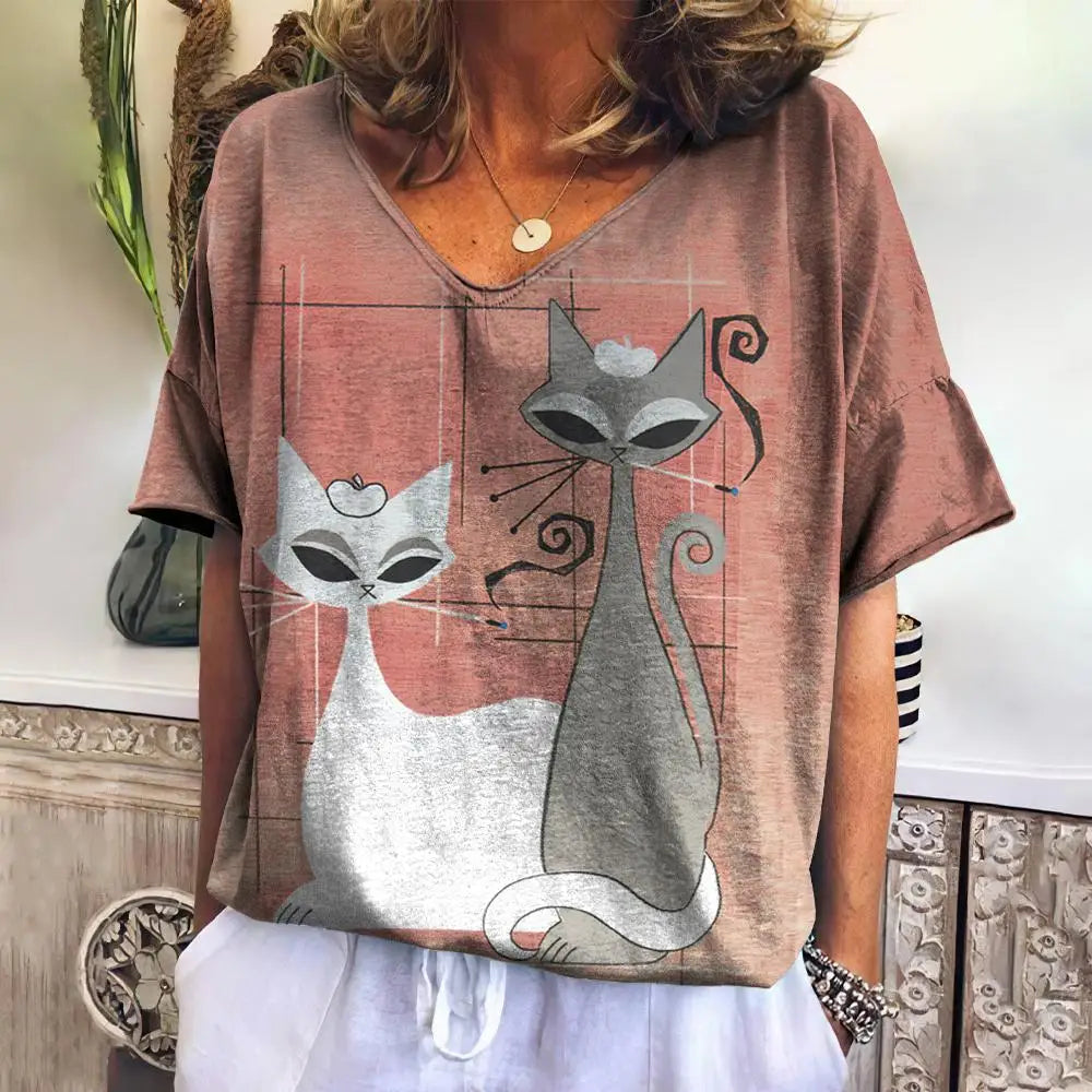Women T Shirts Cartoon Cat Graphic Girls Clothing Large Size V Neck Short Sleeve Tee Summer Fashion Casual Female Clothing