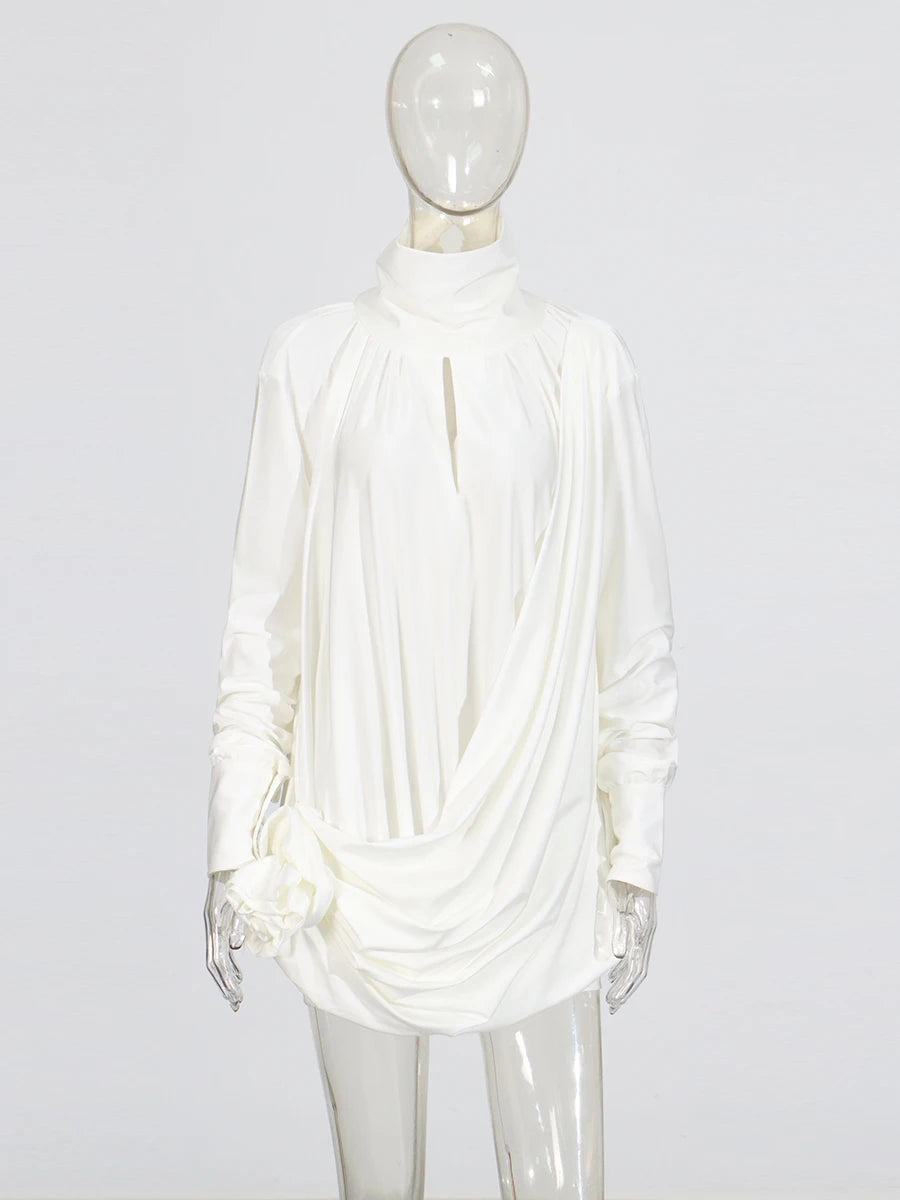 TWOTWINSTYLE Solid Slimming Fashion Mini Dresses for Women High Waist Patchwork 3D Flower Temperament Dress Female Clothing New