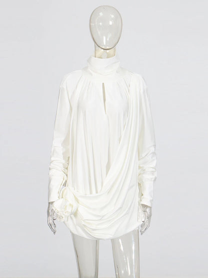 TWOTWINSTYLE Solid Slimming Fashion Mini Dresses for Women High Waist Patchwork 3D Flower Temperament Dress Female Clothing New