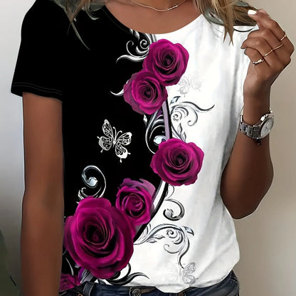 Colorful Rose Flower Print Round Neck Women's T-shirt Summer Versatile And Refreshing Y2K T-shirt