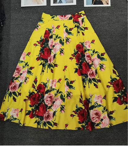 Elegant rose print sexy short tube top suspender top summer new female two-piece high waist pocket button big skirt fashion suit