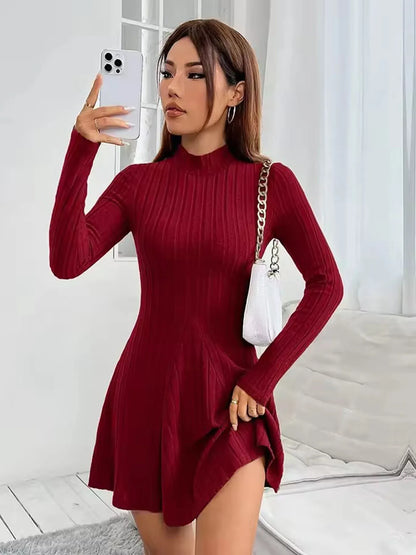 Women's slim fit half high collar waist cinched A-line skirt long sleeved pit stripe dress