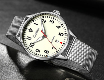 CADISEN Automatic Watch Men Luminous Stainless Steel Self-Wind Wristwatch NH35A Sapphire Waterproof Mesh Belt Mechanical Watch