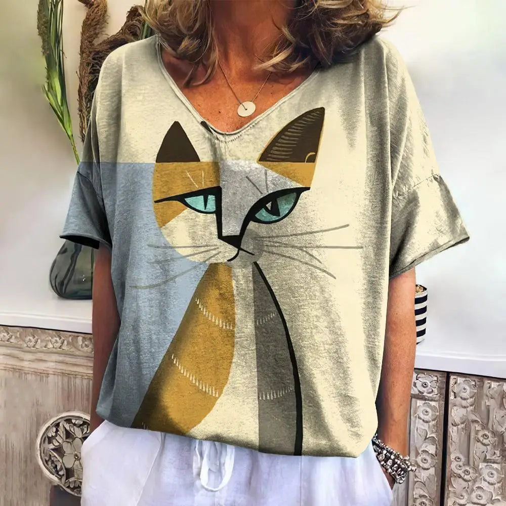 Women T Shirts Cartoon Cat Graphic Girls Clothing Large Size V Neck Short Sleeve Tee Summer Fashion Casual Female Clothing