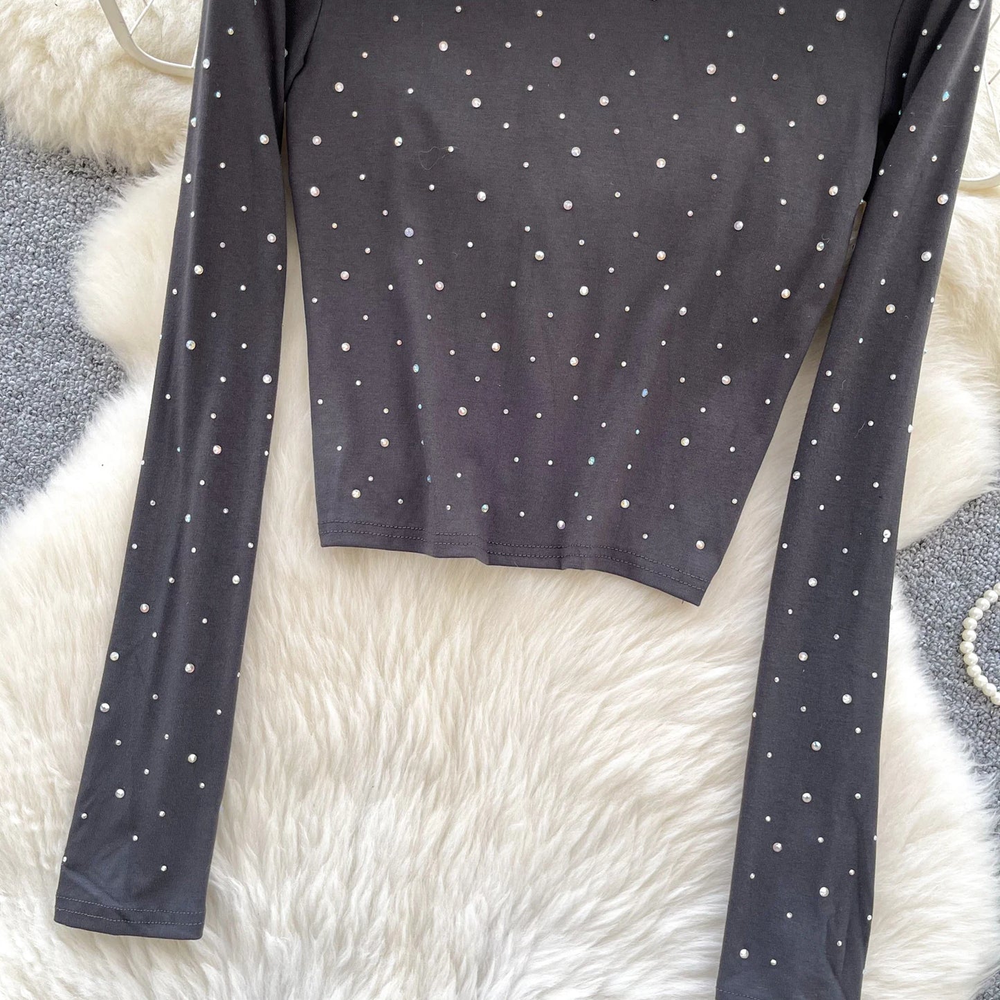 Long Sleeves Hotsweet O-neck Fashion Rhinestone Slim Top French Streetwear Sexy High Street Autumn Winter Women T-Shirts