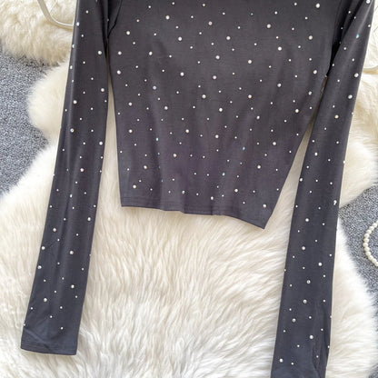 Long Sleeves Hotsweet O-neck Fashion Rhinestone Slim Top French Streetwear Sexy High Street Autumn Winter Women T-Shirts