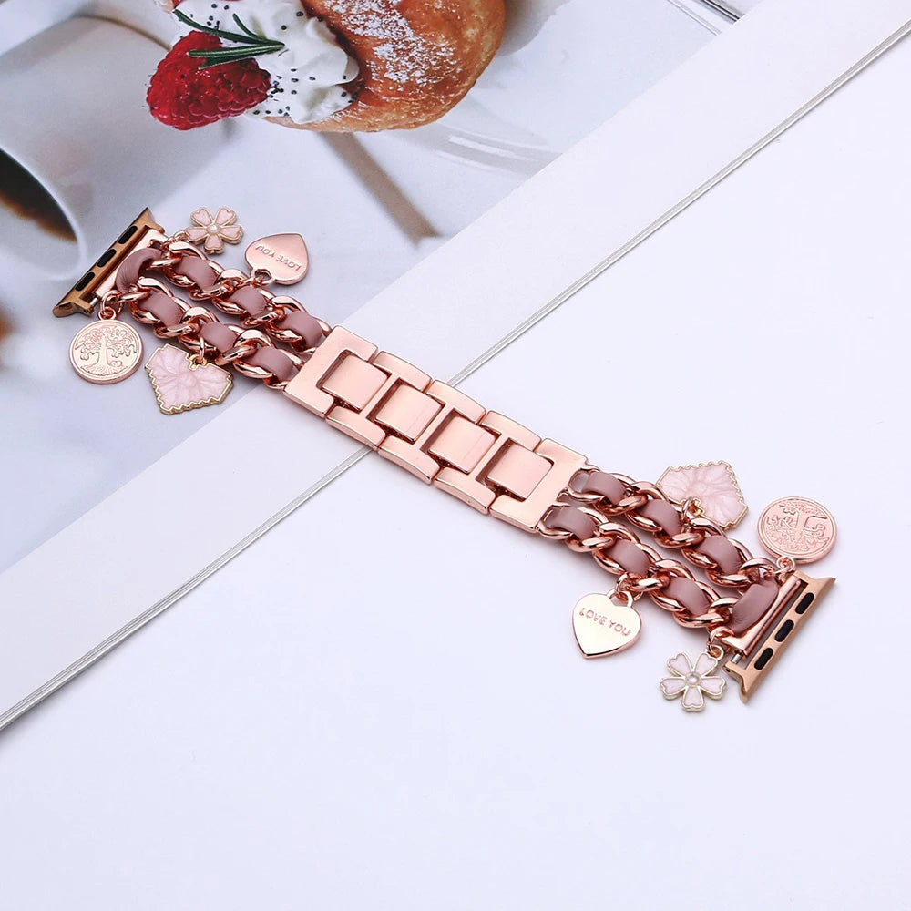 Stylish Metal Charms Watch Strap Compatible with Apple Watch Bands 38/40/41/42/44/45/49mm Replacement Strap with Unique Pendants