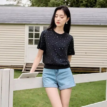Korean Style round Neck Polka Dot Print Semi-Transparent Knitted Summer Fashion Short Sleeve Women's Top