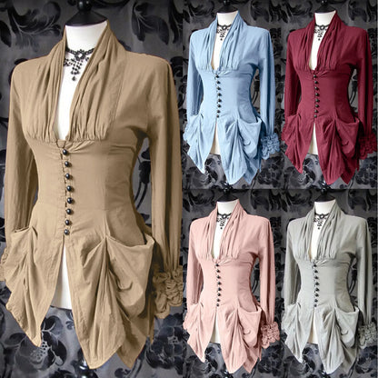 Vintage Halloween Gothic Shirts For Women Medieval Autumn Stand Collar Womens Tops And Blouses Ruffles Irregular Slim Shirts