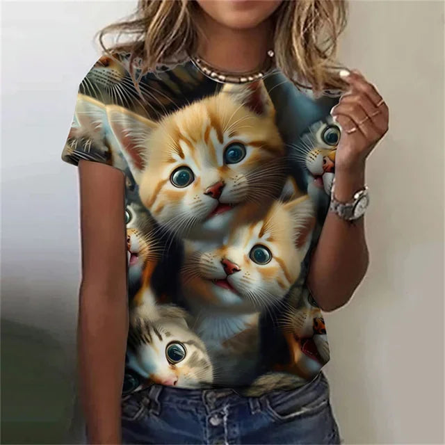 T-shirt 3D Printed Kawaii Cat Pattern Short Sleeved Round neck Top Summer Outdoor Casual Street Simple Clothing