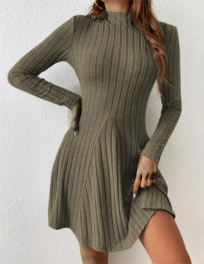 Women's slim fit half high collar waist cinched A-line skirt long sleeved pit stripe dress